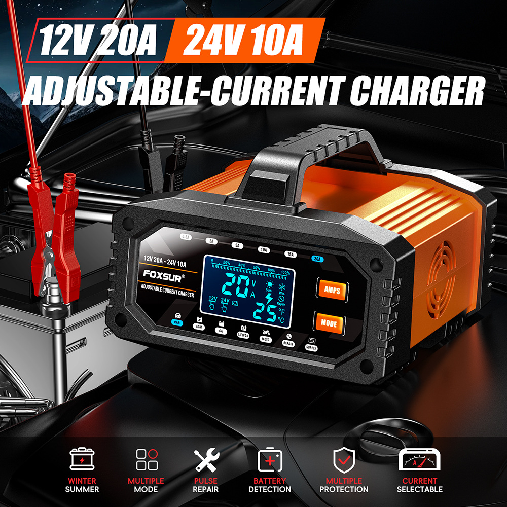 Smart Car Battery Charger 12V 24V 20A - Carregador de Bateria Portátil 12V/24V 0.5A-20A