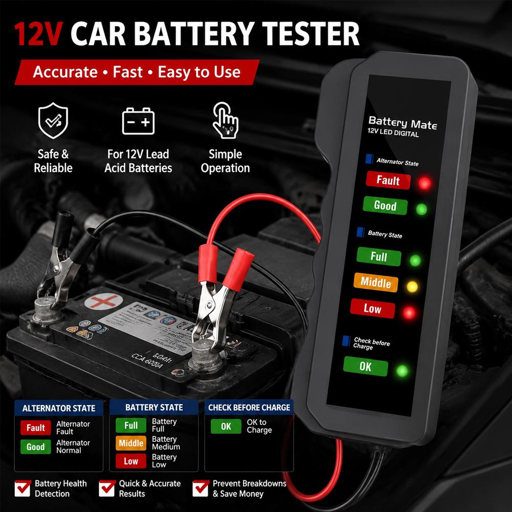 Alternator Tester Digital Diagnostic Tool - Testador de Bateria Automotiva 12V, Testador