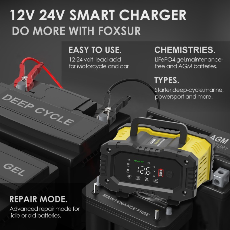 FOXSUR-Carro Motocicleta Carre - Smart Car Battery Charger 12V 24V 20A avaliação e preço
